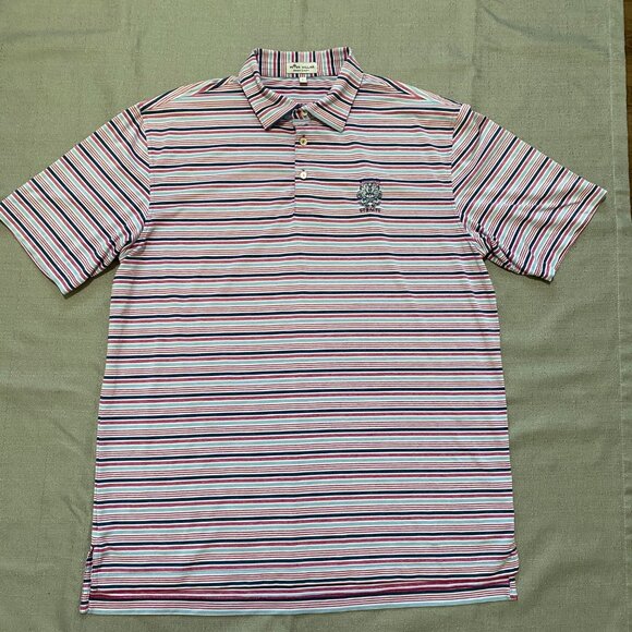 Peter Millar Summer Comfort Polo Shirt Large Pink Blue Stripe Wristling Straits - Picture 14 of 15